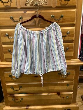 GAP Off-Shoulder Striped Blouse in White, Yellow, Blue, and Pink